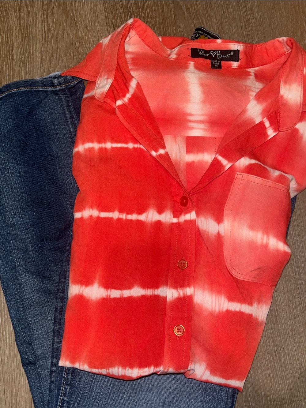 Tie-Dye Button-Up Shirt - Red-Orange & White